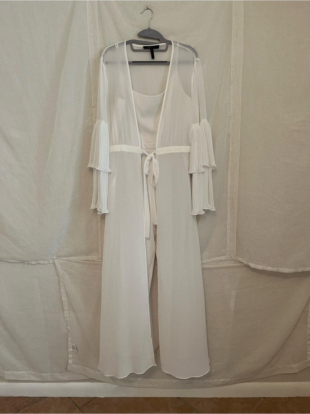 BCBGMaxAzria Sheer White Pleated Sleeve Long Romper Cover-Up